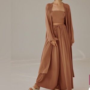 Three-Piece Knit Set - Rust Wide-Leg Pants, Bandeau & Duster